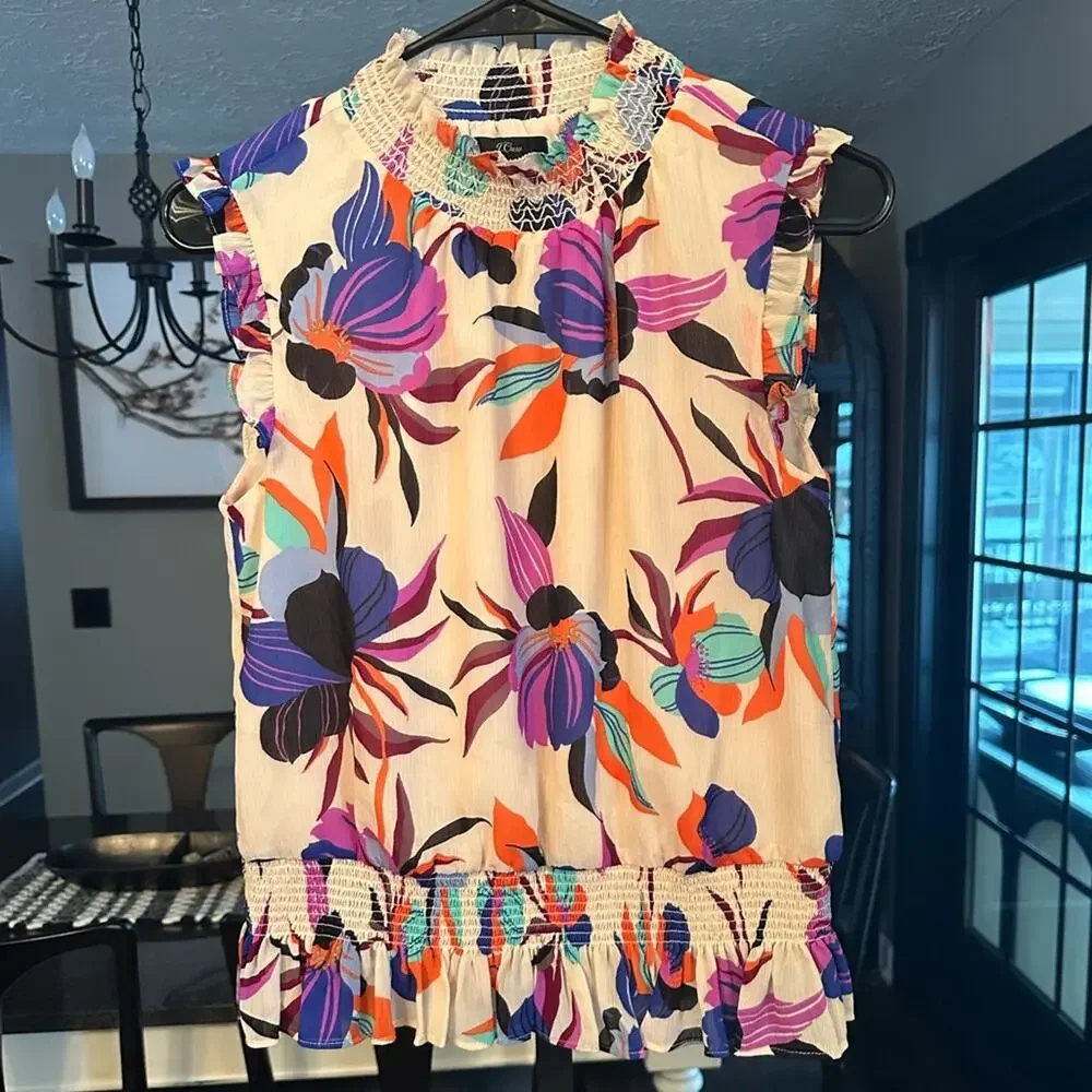J. Crew NWOT Gorgeous Multicolor Bold Floral Ruffle Blouse Smocking Size 00